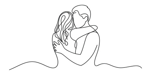 Minimalist one line drawing of a couple embracing