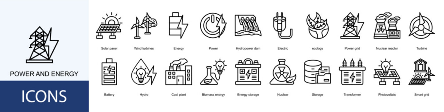 power and energy icon collection set. Containing Solar panel, Wind turbines, Energy, Power, Hydropower dam, Electric, ecology icon