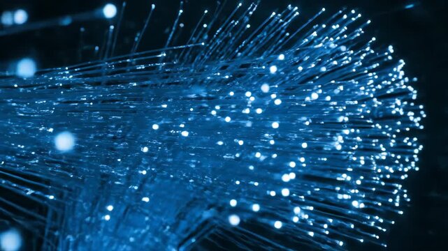 Fiber optic strands glow in a dark, abstract composition.