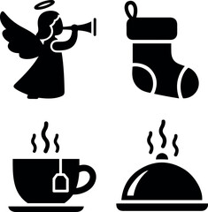 Festive Christmas, Hot Drinks, and Dining Service Black Silhouette Icons Set