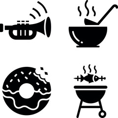 Collection of Food, Music, and Celebration Icons: Trumpet, Soup, Donut, and BBQ Grill