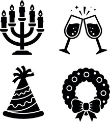 Festive Holiday Celebration Icons Set: Menorah, Champagne, Party Hat, Wreath