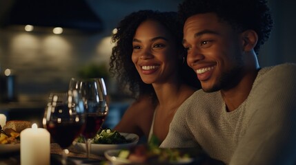 Happy couple enjoys romantic dinner at home, watching TV