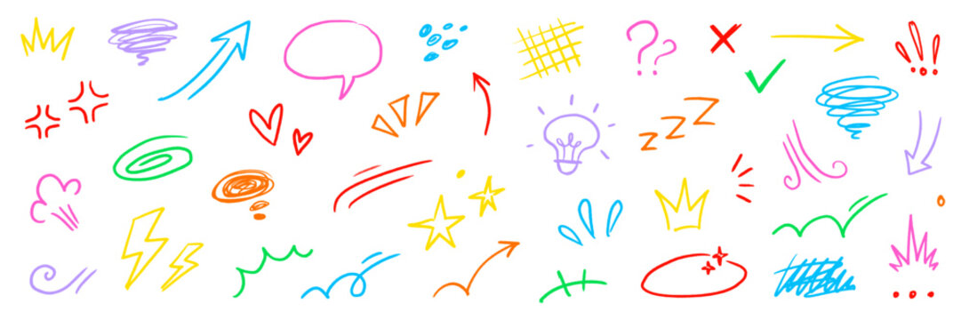 Cartoon chalk star, comic expression elements. Hand drawn cute doodle line motion effect arrow, emphasis, angry emotion, sparkle movement. Cartoon emoticon mark crayon icon. Vector illustration