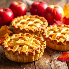 Three mini apple pies with lattice crust, surrounded by red apples and fall leaves