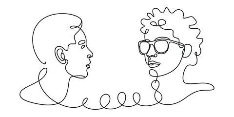 Two people talking continuous line art portrait, communication concept