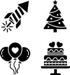 Celebration Icons Set: Fireworks, Christmas Tree, Balloons, and Wedding Cake