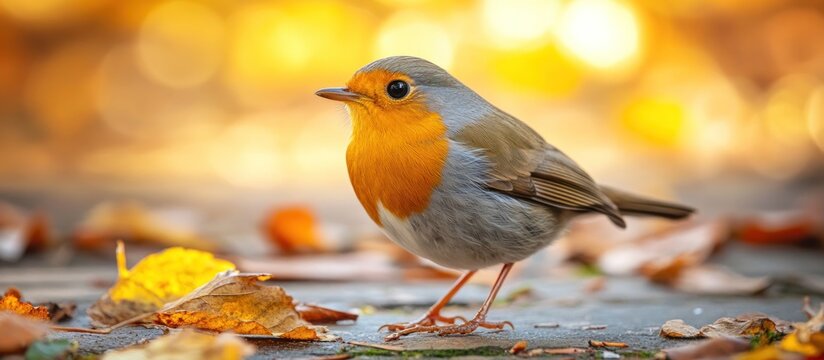 Robin bird autumn leaves ground sunset. Nature wildlife scene - Powered by Adobe