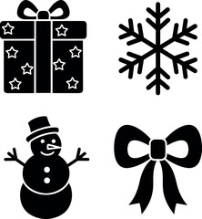 Festive Winter Holiday Icons Collection: Gift, Snowflake, Snowman, Bow Silhouettes