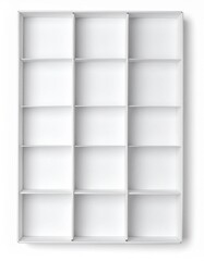Empty White Wooden Bookshelf Unit with Cubbies on White Background