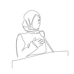 One continuous single drawing line art flat doodle woman, microphone, muslim, business, communication, confident, speaking. Isolated image hand draw contour on a white background, hand drawn, not AI