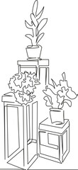 One continuous single drawing line art flat doodle flower, plant, shelf, pot, nature, retail, floral, market, shop. Isolated image hand draw contour on a white background, hand drawn, not AI