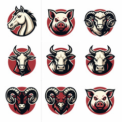 Animal heads horse pig ram cow and bull logos vector illustrations