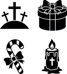 Christianity and Holiday Celebration Icons Set: Crosses, Gift, Candy Cane, Candle