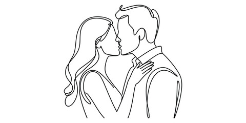 One line drawing of a couple kissing, minimalist continuous line art