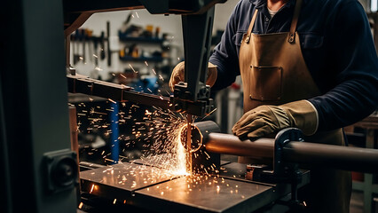 Industrial worker cutting metal pipe with a machine, generating bright sparks in a workshop setting.