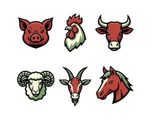 Farm animal illustrations pig rooster bull sheep goat and horse