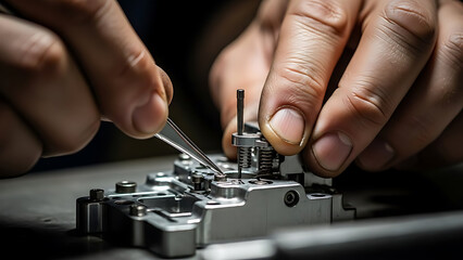 Artisan's hands meticulously assembling intricate mechanical movement with tweezers, precision craftsmanship and engineering