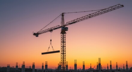 Construction Crane Silhouette Against Vibrant Sunset Sky, Urban Development Scene