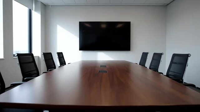 Empty modern conference room with long wooden table and black chairs.