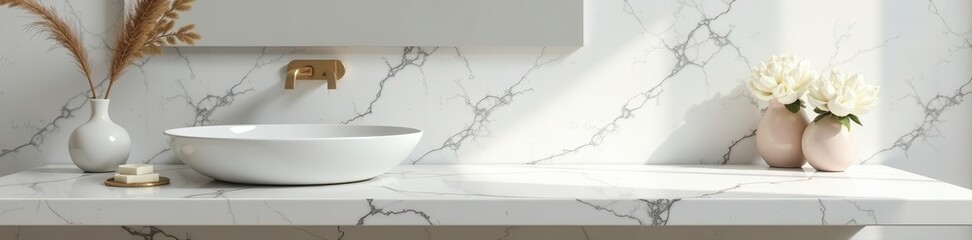 Luxurious white marble bathroom vanity top, empty area , slab, home, veined