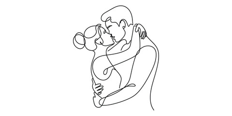 Continuous one line drawing of a couple kissing and embracing passionately