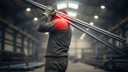 Manual laborer carrying heavy metal profiles with highlighted shoulder pain in a factory setting.