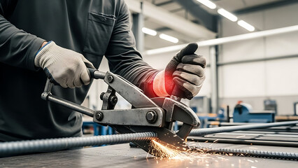 Industrial worker cutting metal rebar with heavy-duty hand tool, sparks flying in a workshop setting