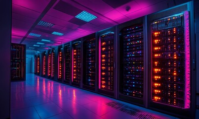 Networked digital transmission systems for secure cloud computing environments, with neon patterns illustrating high-performance server operations and data encryption innovations, Generative AI