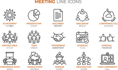 Ultimate Mega Business, Finance, Global Network, and Productivity Line Icons Vector Set, Covering Meeting, Insurance, Customer Feedback, and Growth Strategy Symbols.