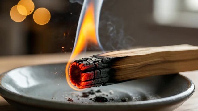 Burning Palo Santo Wood Emitting Smoke and Flames incense