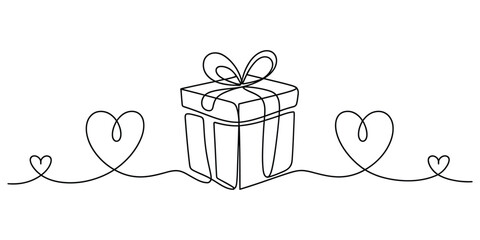 A gift box with a ribbon and hearts drawn in a continuous line