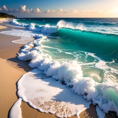 Turquoise ocean waves crashing on a sandy beach under a sunny sky