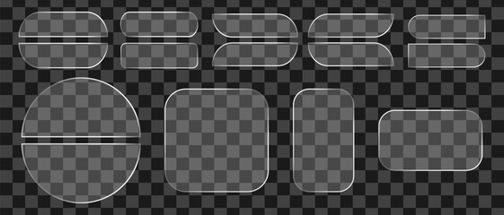 Glassmorphism UI Elements Set. Transparent Glass Plates, Acrylic Badges, and Geometric Shapes for Modern UI or UX Design, Empty Glossy Clear Buttons, Frames and Banners Vector Mockup Bundle
