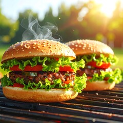 Two appetizing burgers, fresh ingredients, grilled, outdoor
