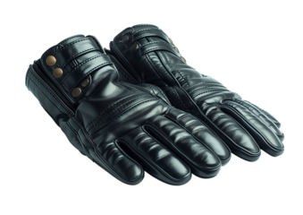 Pair of black leather gloves with stitching detail isolated on a transparent background