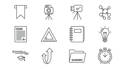 A collection of line icons representing education, science, learning, and academic concepts.