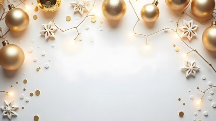 Obraz premium Theme Christmas, White and gold holiday flat lay with bokeh highlights