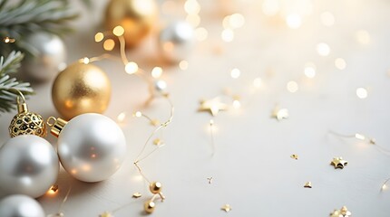 Theme Christmas, White and gold holiday flat lay with bokeh highlights.