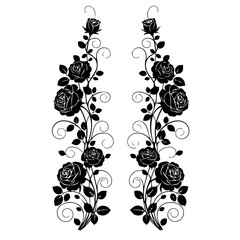 Decorative black rose silhouettes, elegant floral design with swirling vines