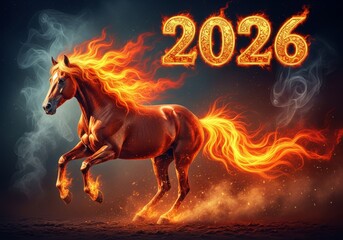 A dynamic glowing horse with a flaming mane and tail leaps beneath ornate 2026 numbers, symbolizing energy and celebration in a vivid fantasy style for New Year themes.