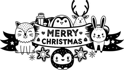 Obraz premium Adorable kawaii Christmas vector illustration of smiling chibi winter animals holding a “Merry Christmas” banner with pastel colors, snowflakes, gifts and festive hats — perfect for backgrounds