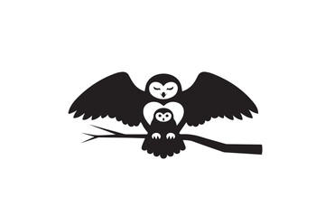 Protective Owl Embracing Owlet in Heart-Shaped Silhouette &ndash; Black and White Vector Icon