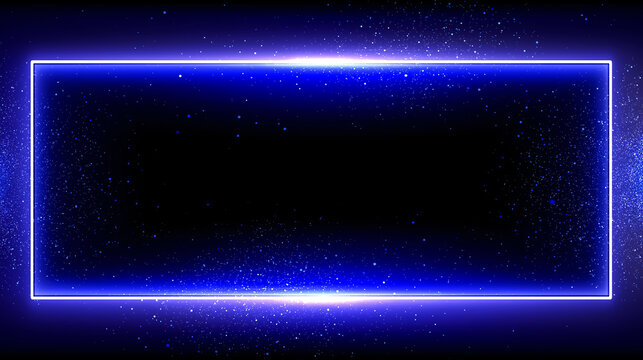 Neon blue rectangular frame with glowing edges and scattered particles on a dark background. Cosmic, high-tech style ideal for digital banners, UI templates, and futuristic media design.