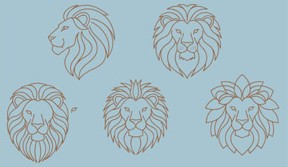 Stylized lion head icons, symmetrical brown line art with unique mane designs, flat vector illustration