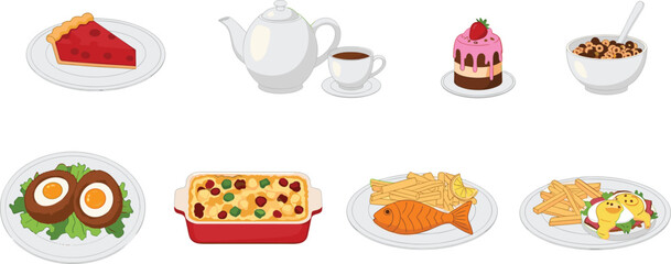 Assorted illustrated food items including desserts, savory meals, and breakfast dishes for culinary design, menu, and educational content.