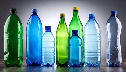 Various transparent plastic bottles, various colors, lined up