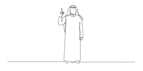 Continuous line drawing of an Arab man raising one finger in a traditional outfit.
Single line illustration symbolizing guidance faith teaching and cultural identity.