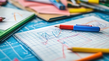Student's desk, graphs, design, notes, pencils, learning