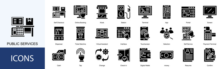public services icon collection set. Containing  Online Booking, Kiosk, Station, Terminal, App, Portal, Screen icon
